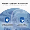 A marketing image showing a kitchen scene with text overlays highlighting product benefits. Produktbild-Vorschau