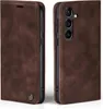 A dark brown flip cover phone case for a Samsung Galaxy S23 FE is shown from two angles. Produktbild-Vorschau