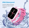 A pink smartwatch is shown with water splashing around it, highlighting its waterproof feature. Produktbild-Vorschau