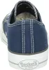 The back view of a navy blue canvas sneaker with white stitching and a white sole. Produktbild-Vorschau