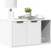 A white cabinet with two doors and an open shelf on the right, decorated with a lamp, a potted plant, books, and a cup of coffee. Produktbild-Vorschau