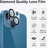 A close-up of a blue smartphone's camera lens area with a protective lens film applied, surrounded by marketing icons and text. Produktbild-Vorschau