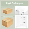 The image is a collage showing two packages and two bathroom furniture items. The top row shows a cardboard box labeled 'Nur Waschbeckenunterschrank' (Only vanity unit) and a white vanity unit with a sink. The bottom row shows a cardboard box labeled 'Nur  Anteprima dell’immagine prodotto