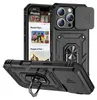 A black iPhone case with a sliding camera cover and ring holder is displayed. Produktbild-Vorschau