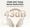 A pair of white and beige headphones are shown against a light background with large, faded text indicating noise reduction. Voir les images du produit