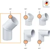 A collection of white PVC pipe fittings with different angle degrees, including a 45-degree fitting highlighted in a frame. Produktbild-Vorschau