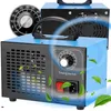 A blue ozone generator with a black handle and control panel, with green leaves and blue air currents depicted around it. Voir les images du produit