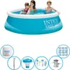 An Intex Easy Set pool with children in it, surrounded by various pool maintenance accessories. Produktbild-Vorschau