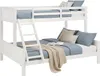A white bunk bed with blue bedding and tan pillows.
