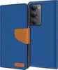 A blue flip case for a smartphone, with a brown leather strap closure and a small brown logo tag at the bottom. Náhľad obrázku produktu