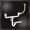 A white sink drain assembly with two basin inlets and a P-trap is shown against a dark background. Produktbild-Vorschau