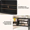 A collage of images showing a black shelving unit with adjustable shelves and an open cabinet filled with items. Voir les images du produit