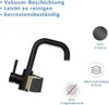 A black kitchen faucet with cutaway showing layers, accompanied by feature descriptions and icons. Produktbild-Vorschau