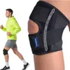 A man running wearing a knee brace, with a close-up of the knee brace on the right. Produktbild-Vorschau