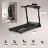 A treadmill is shown in a room, with a folded view in the corner. Dimensions are indicated with lines and text. Produktbild-Vorschau