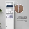 A white bathroom cabinet with shelves and a closed cabinet at the bottom, displaying toiletries and towels. A close-up inset shows a safety strap for anti-tip protection. Produktbild-Vorschau