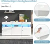 A modern white sideboard with LED lighting, displayed in a living room setting. Inset images show protective film and cleaning. Produktbild-Vorschau