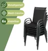 A stack of black garden chairs with text overlays highlighting features. Produktbild-Vorschau