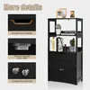 A black wooden storage cabinet with multiple shelves and doors, shown with close-up details of its features. Podgląd zdjęcia produktu