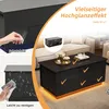 A collage of images showing a black coffee table with LED lighting, highlighting its features like protective film and ease of cleaning. Náhled obrázku produktu