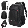 A collage of images showing a black backpack from different angles, including an open view showing a laptop inside. Voir les images du produit