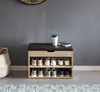 A shoe bench with storage and a padded seat is shown in a hallway setting. Produktbild-Vorschau