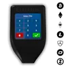A black Trezor hardware wallet is shown with a PIN entry screen and various cryptocurrency logos on the right side. Produktbild-Vorschau