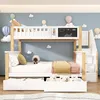 A children's bunk bed with a staircase, drawers, and a chalkboard feature, set against a blue wall decorated with cloud and hot air balloon motifs. Produktbild-Vorschau