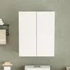 A white bathroom cabinet with two doors is mounted on a textured green wall. Produktbild-Vorschau