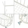 A collage of four close-up images showing details of a white metal garment rack with a clothes rail and a basket, including the hooks, the wire mesh of the basket and shelves, and the wheels. Produktbild-Vorschau
