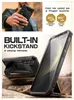 A person holding a phone case with a built-in kickstand, and a close-up of the phone case with the kickstand deployed. Náhled obrázku produktu