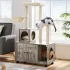 A multi-level cat tree with enclosed spaces and scratching posts, set up in a living room near a window. Two cats are interacting with the cat tree. Podgląd zdjęcia produktu