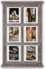 A vintage-style wooden picture frame with six photo inserts, displaying various scenes and text. Produktbild-Vorschau