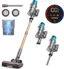 A cordless vacuum cleaner and its accessories are displayed against a white background, with a digital display showing battery status and power settings. Produktbild-Vorschau