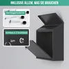 A black wall-mounted mailbox is shown with its doors open, displaying its interior. Two inset boxes highlight the included mounting hardware and lock with keys. Produktbild-Vorschau