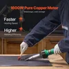 A person is using a heat gun to weld a dark material on a wooden table. Podgląd zdjęcia produktu