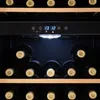 Close-up of the interior of a wine cooler showing racks of wine bottles and a digital display. Produktbild-Vorschau