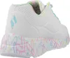 A close-up side view of a white sneaker with a colorful, graffiti-like pattern on the sole and trim. Voir les images du produit