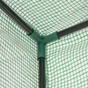 Close-up view of the corner joint of a greenhouse frame covered with a green mesh plastic sheeting. Produktbild-Vorschau