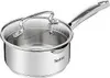 A stainless steel pot with a glass lid and a single handle, shown against a white background. Produktbild-Vorschau