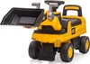 A yellow toy construction vehicle with a black bucket and seat, shown from a three-quarter front-facing angle against a white background. Náhled obrázku produktu