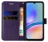 A purple flip cover phone case with card slots and a banknote is shown. Produktbild-Vorschau