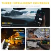 Collage of images showing different control methods for a heater, including a car interior with a phone, a camper at night with a remote, and a person with a dog inside a tent with the heater. Náhled obrázku produktu