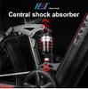 Close-up of the central shock absorber of an e-bike, with marketing text overlay. Produktbild-Vorschau