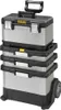 A stacked rolling tool chest with multiple compartments and a retractable handle. Voir les images du produit