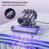 A mattress vacuum cleaner with UV sterilization is shown on a mattress, with graphics illustrating its cleaning action. Produktbild-Vorschau