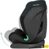 A black Maxi-Cosi Titan S i-Size car seat is shown from the side on a white background. The seat is shown in a reclined position, indicated by a blue arrow and curved lines. Produktbild-Vorschau