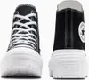 A front and back view of a pair of black high-top Converse sneakers with white laces and thick white soles. Náhľad obrázku produktu