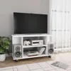 A white TV stand with a TV, speakers, and electronic equipment on it, placed in a room with a gray wall and a window with sheer curtains. Náhled obrázku produktu