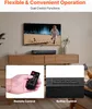 A living room scene with a TV and soundbar, and close-ups of remote and button controls. Produktbild-Vorschau